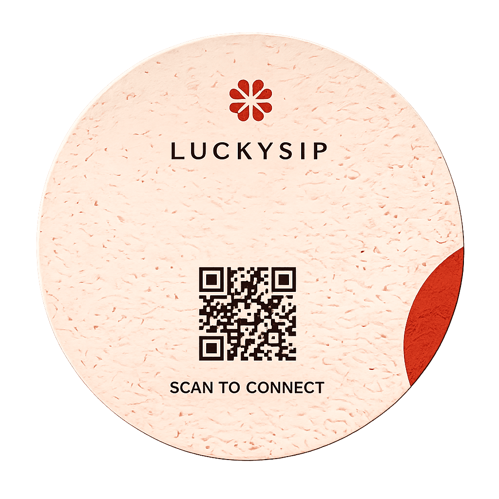 A LuckySip coaster with logo, QR code and "SCAN TO CONNECT".
