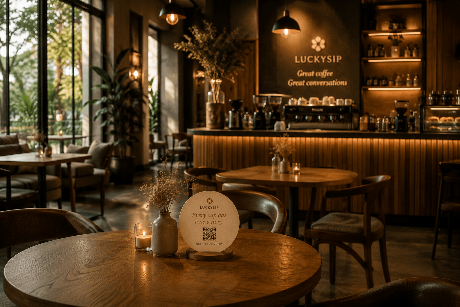 A cinematic cafe interior with the LuckySip ambience.