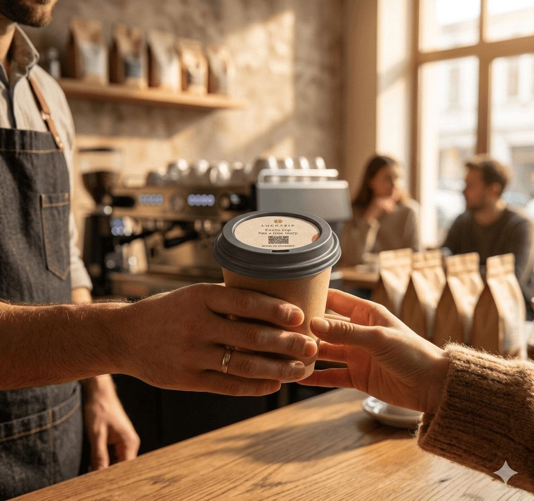 A café interior with coffee cups on the counter.