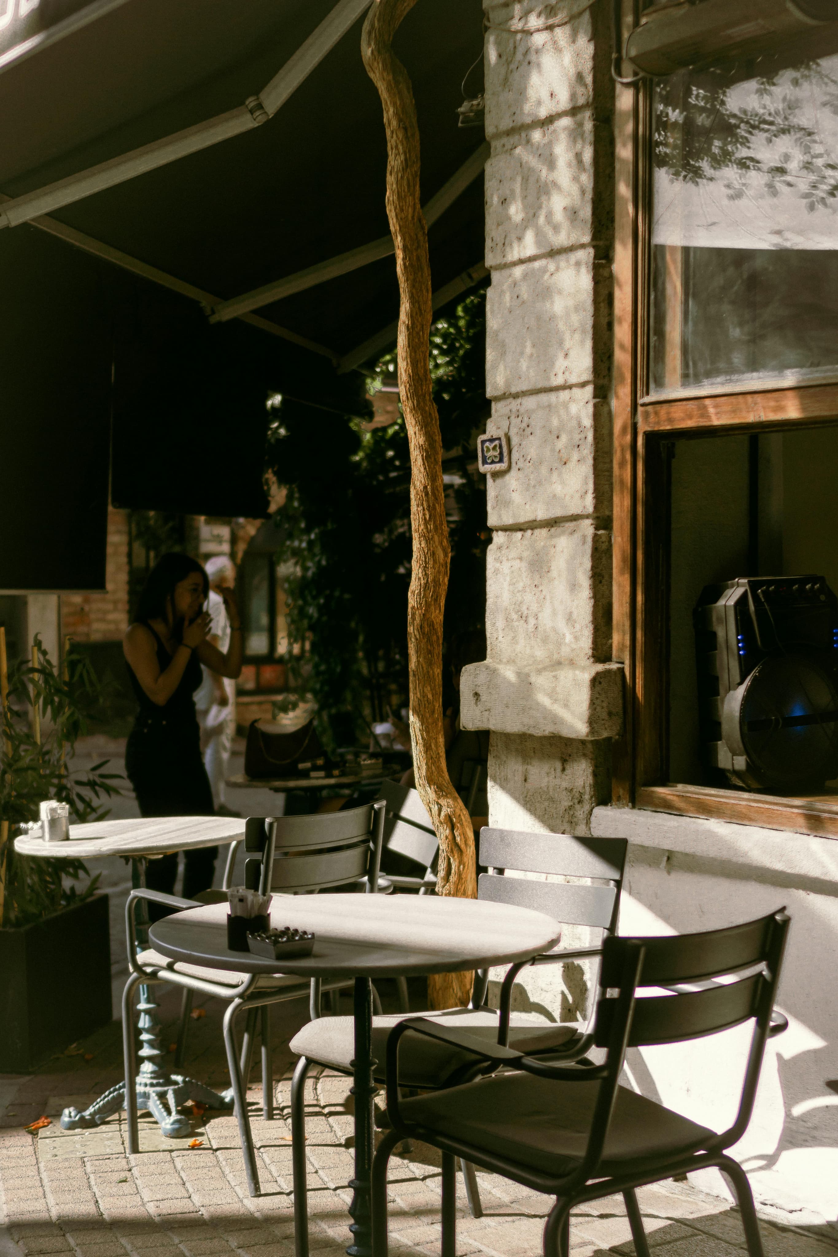 A sunlit café interior.