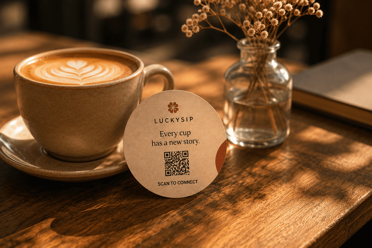 A cafe table with a coffee cup and a LuckySip coaster.