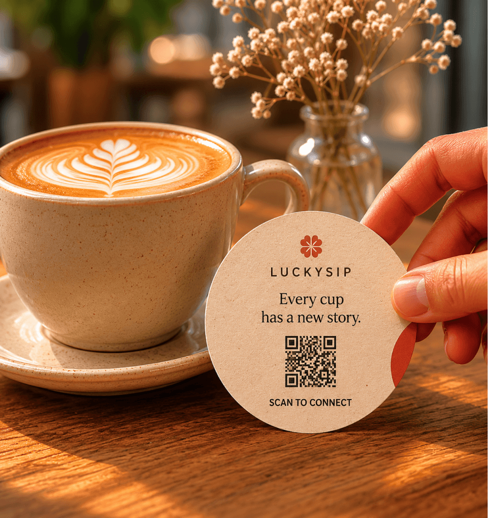 A latte beside a LuckySip QR card on a cafe table.